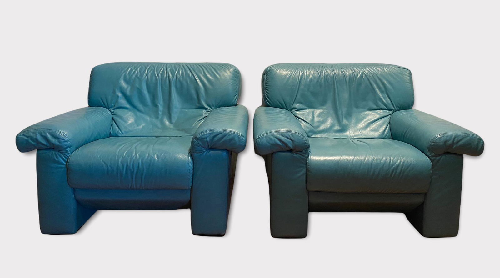 Pair Post Modern Teal Leather Club Chairs (1 of 6)