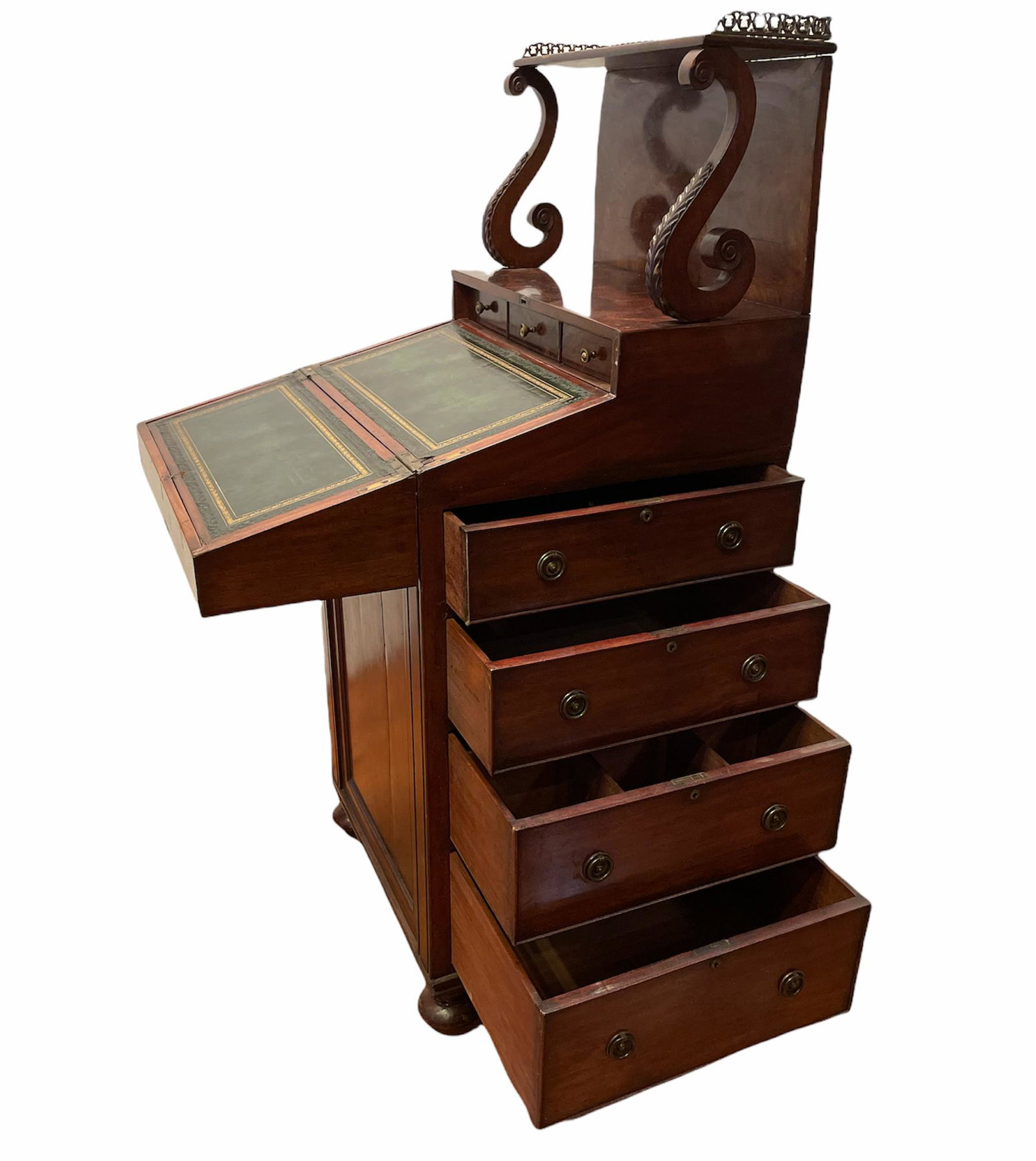 19th Century English Mahogany Davenport: 50 in tall to gallery, 21 in across, 19.25 in deep, opened up 29 in deep