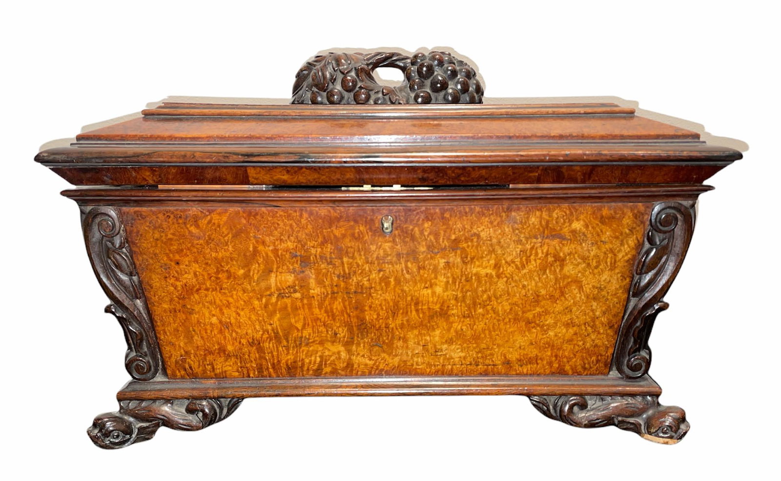 19th Century Burlwood Tea Chest: 17.5 in long, 11 in tall, 9.5 in deep, top is detached