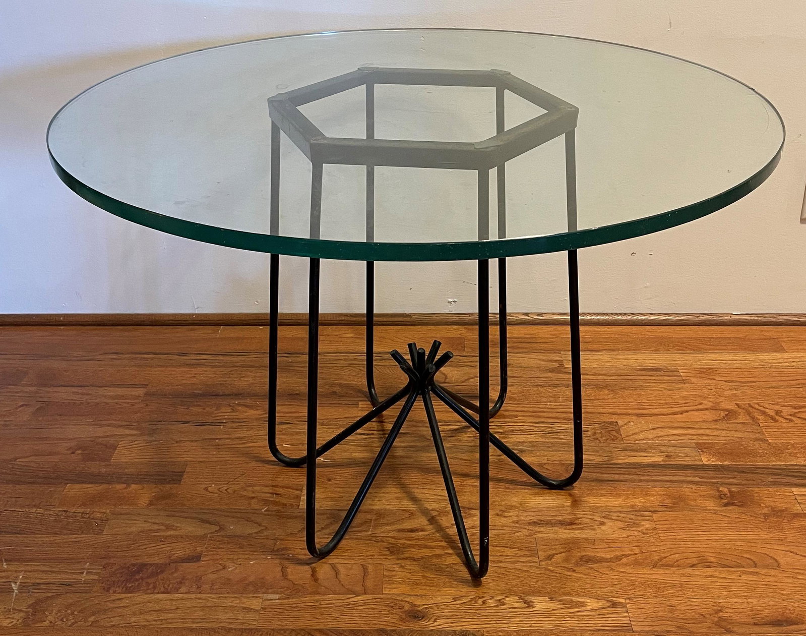 Mid Century Hair Pin Leg Round Table: Glass top is removable and doesn't have to be shipped 36in diameter, 24.5 tall with glass, base is 24 in tall