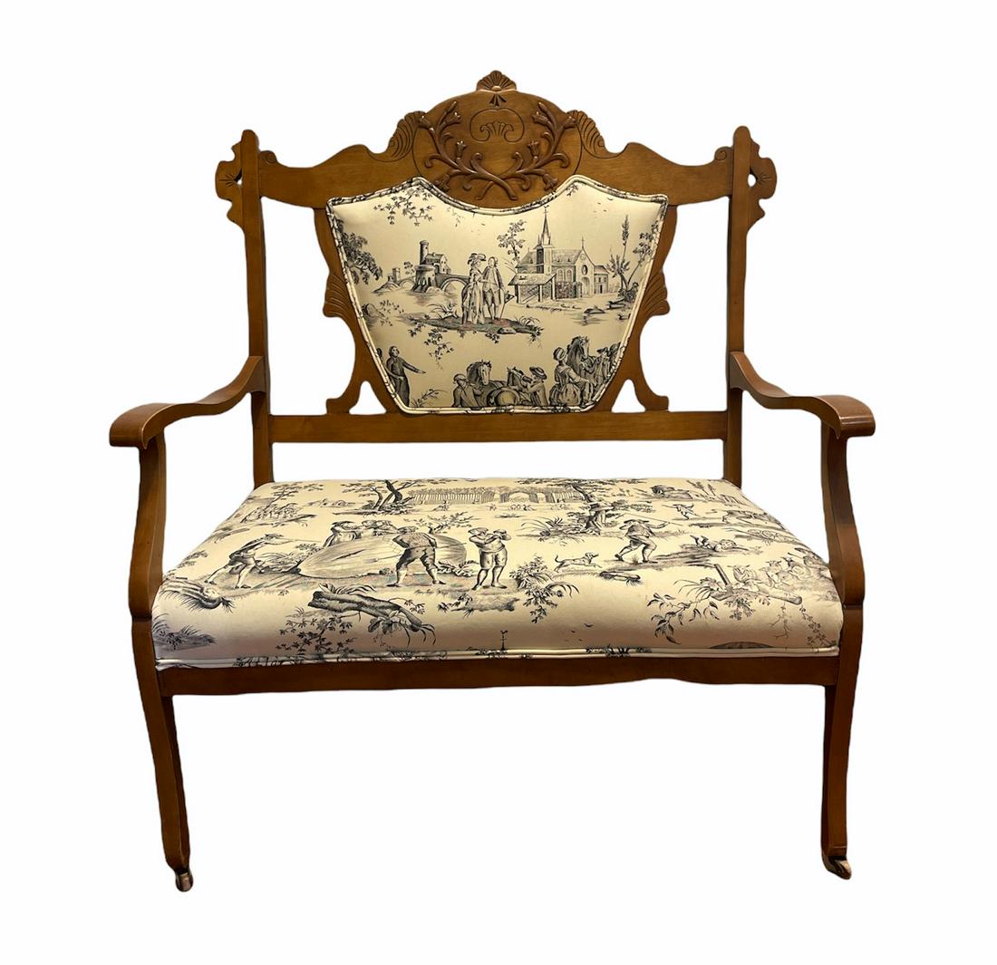 Victorian Oak Bench with Toile Upholstery (1 of 4)