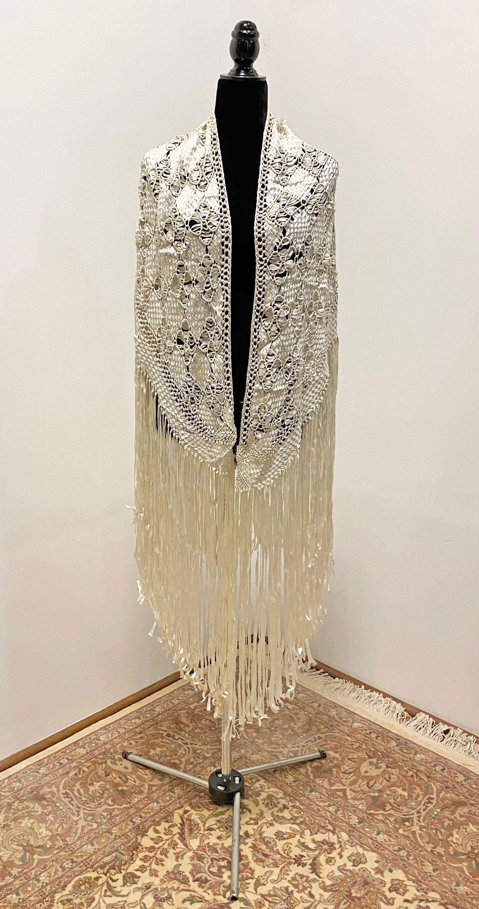 1920's Woven Silk White Piano Shawl Scarf (1 of 7)