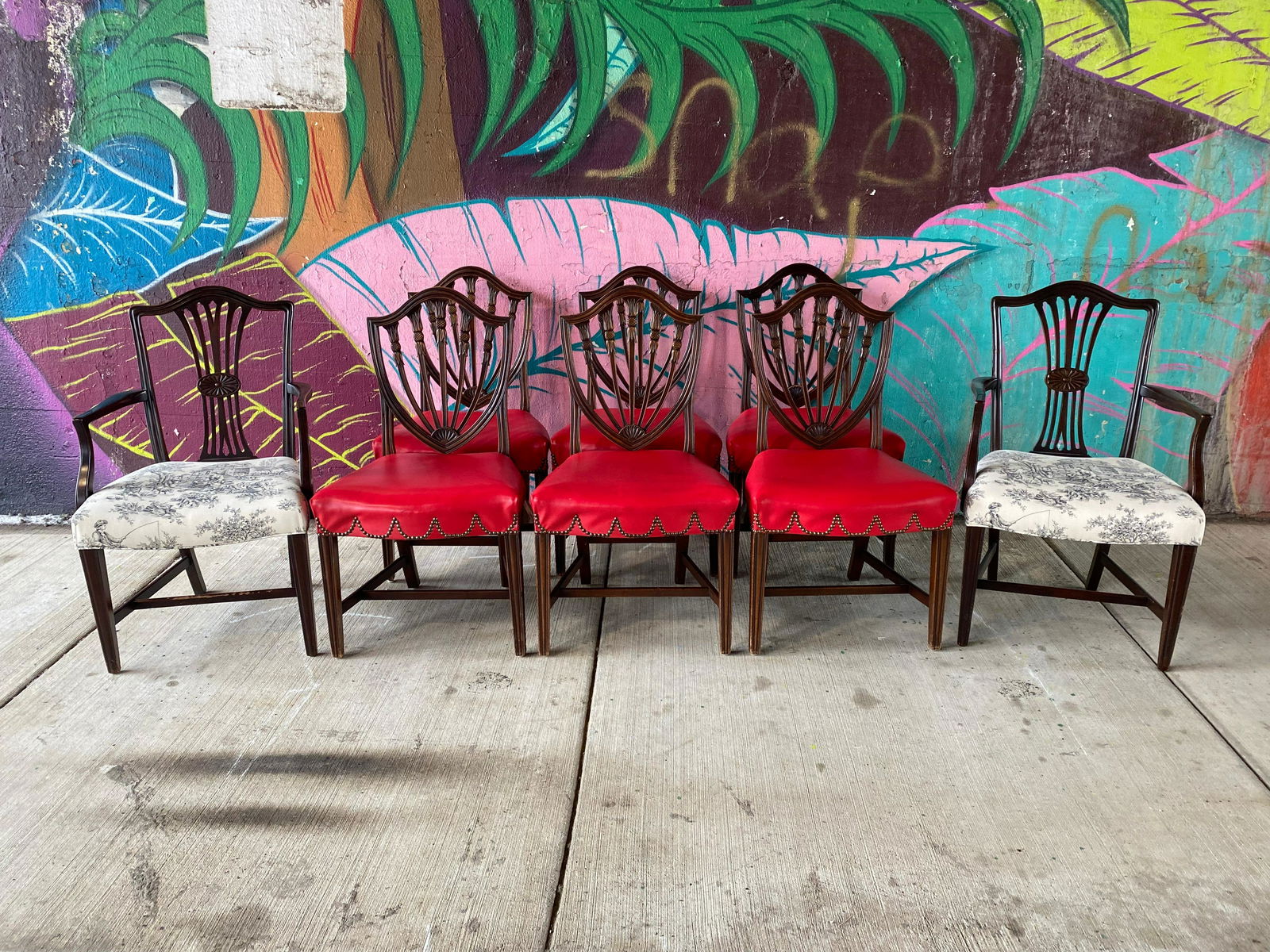 Set 8 DUNCAN PHYFE Style Dining Chairs: Captain's Chairs: 37in T to back x 19in T to seat x 23in W x 19in DSide Chairs: 38in T to back x 18in T to seat x 19in W x 21in D