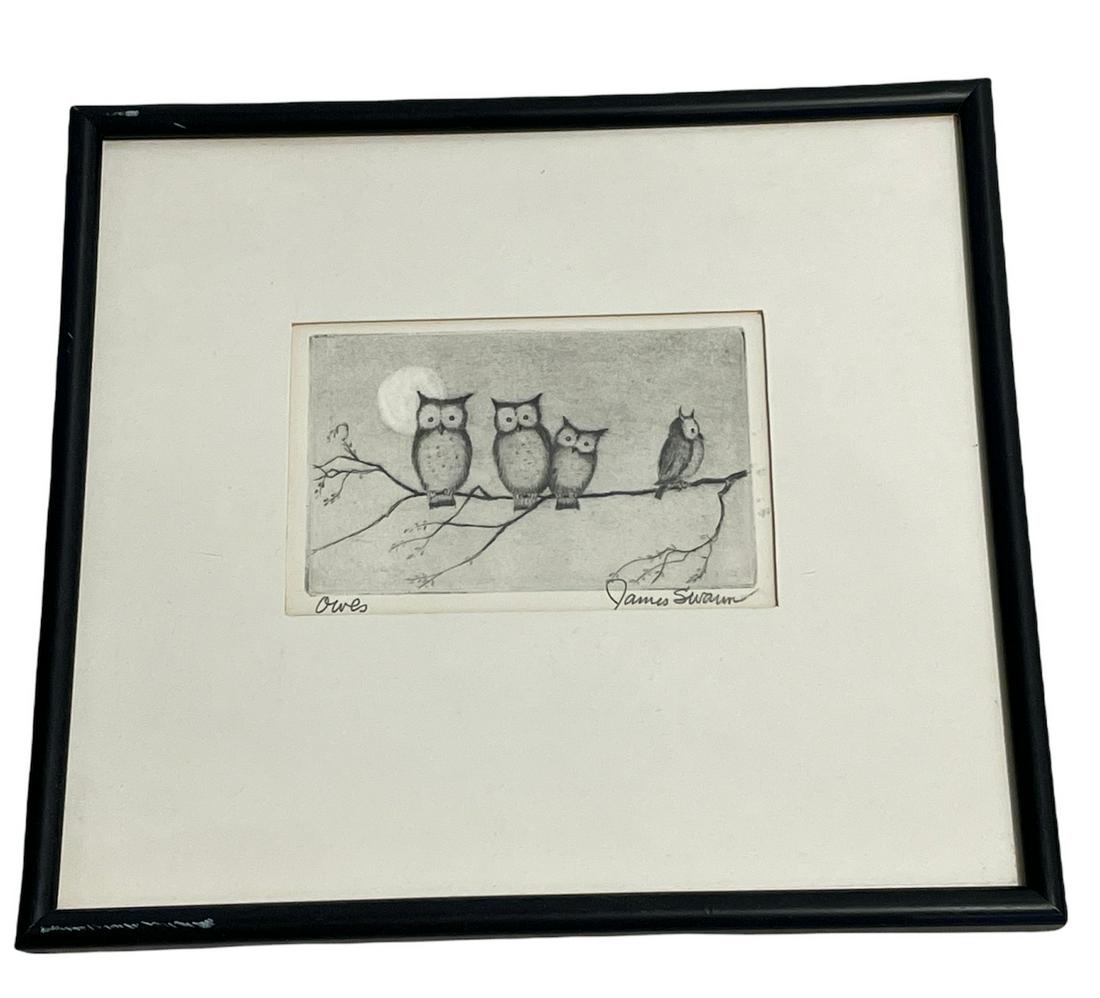 JAMES SWANN Etching OWLS (1 of 3)