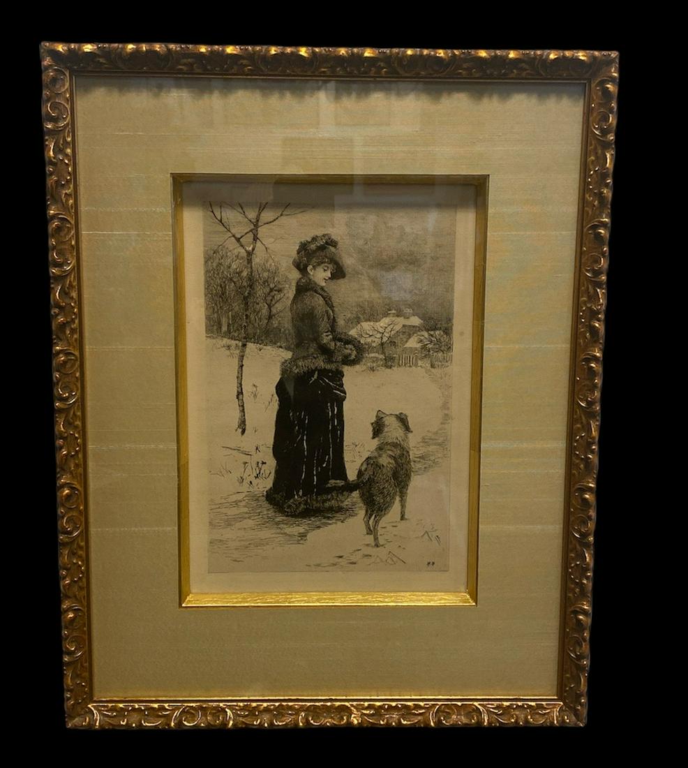 Victorian Hamilton Hamilton Lithograph Woman w Dog: in frame 14.75 wide x 18.75 x 1.5 deep , without frame 8.5 wide x 12 in, This is a wonderful example of HH lithographs