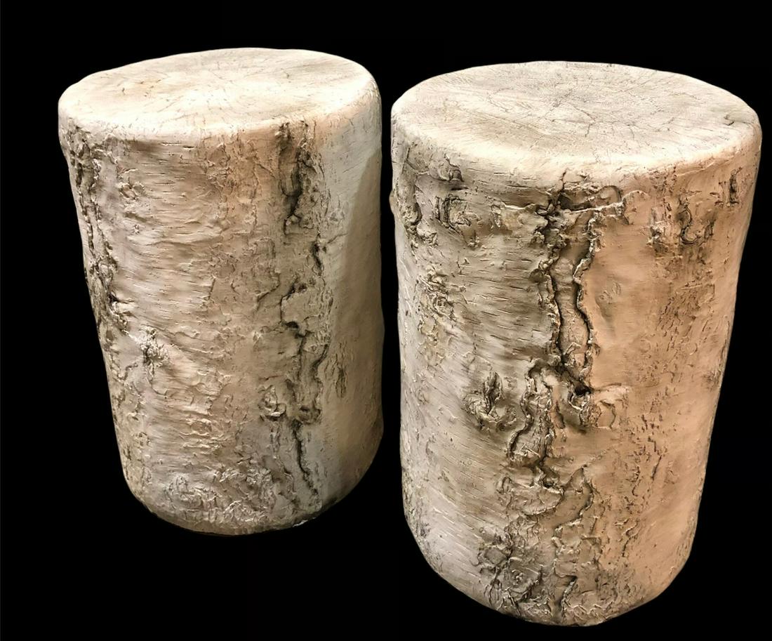 2 White Faux Bois Garden Stools: 17in h 11.5 diam each 78lbs