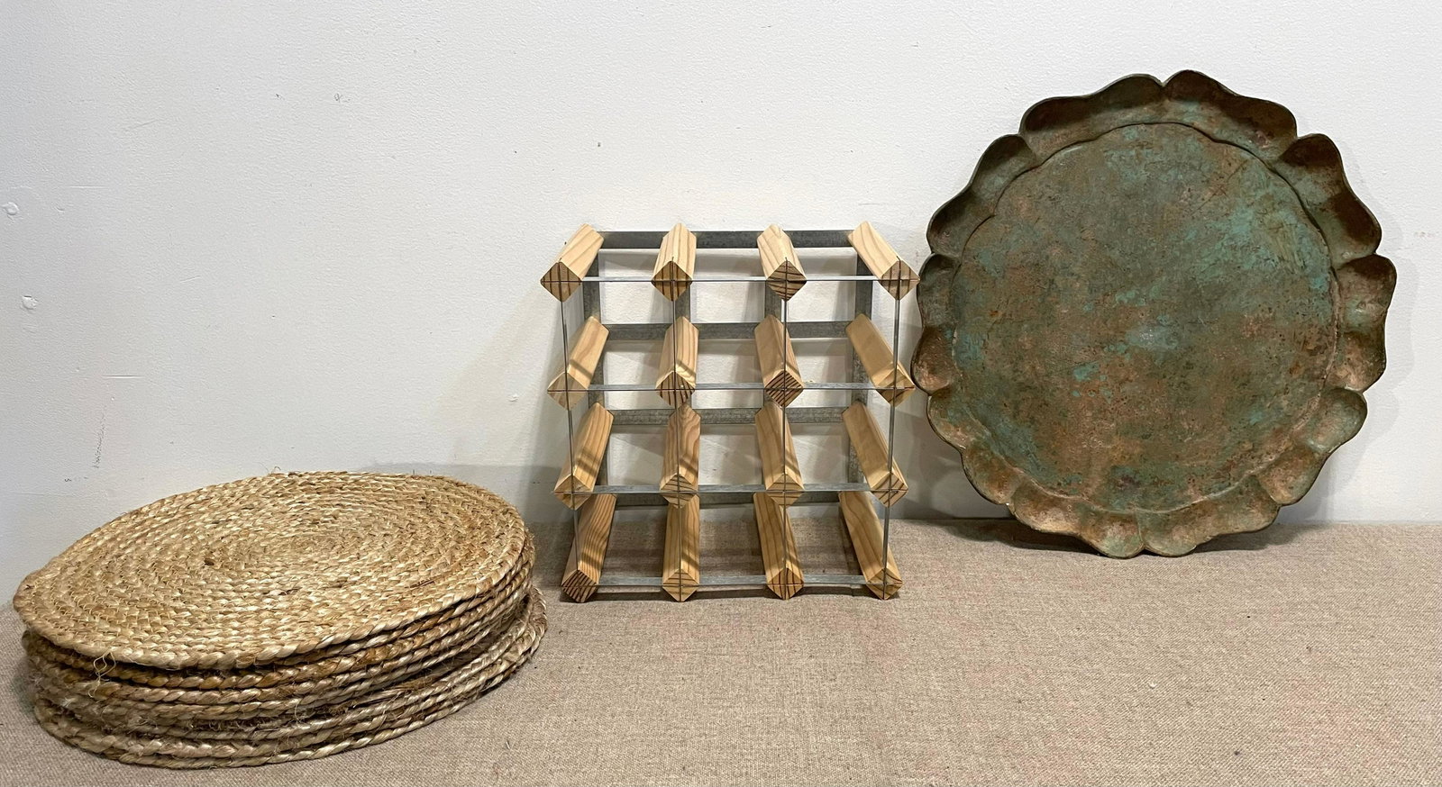 Post Modern Wine Rack, Rope Placemats, Tray: tray is 19in, 12 placemats that are 15 in dia
