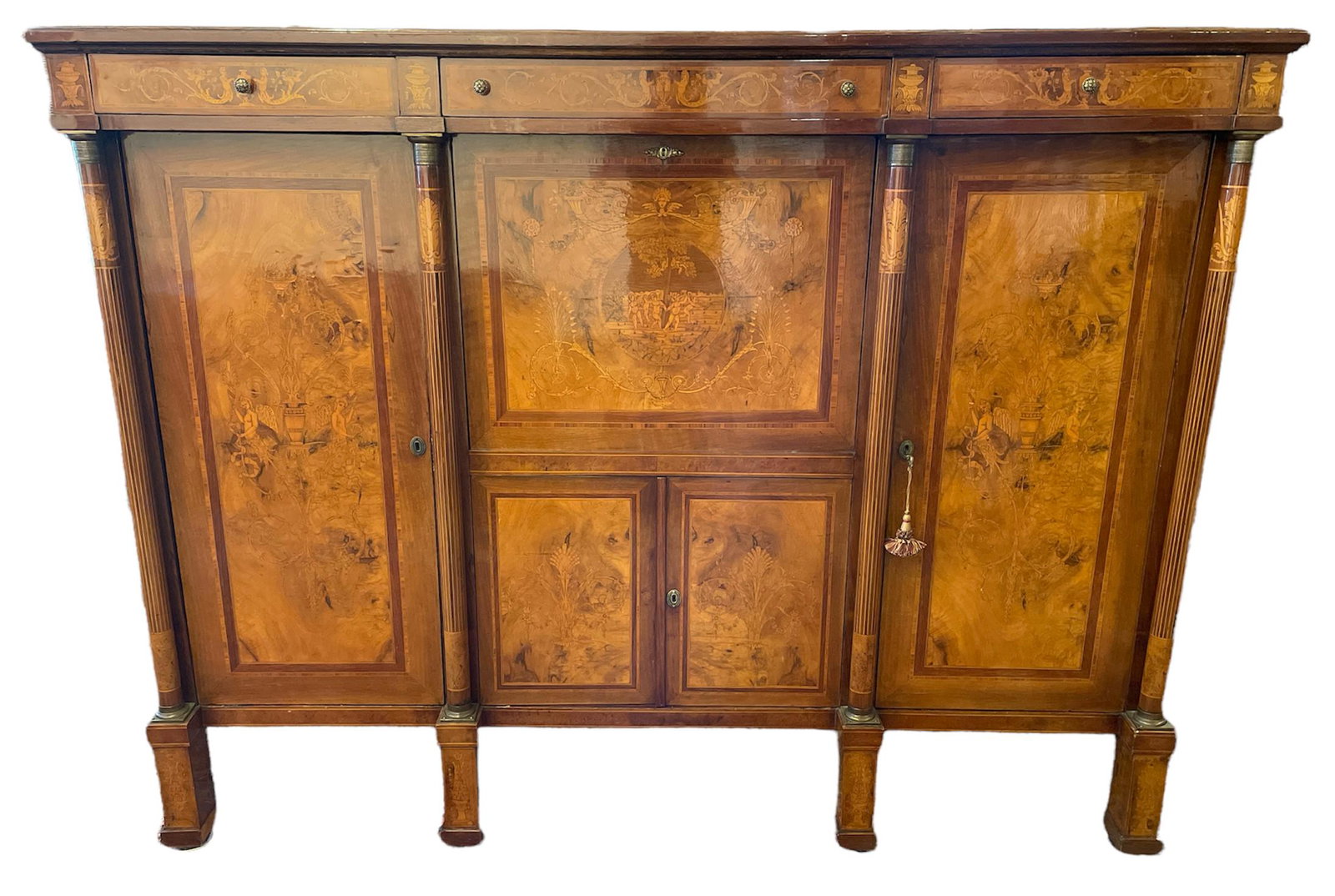 19th C. Italian Inlaid Breakfront Bar: 61in H, 80.5in L, and 21in D. The front doors open to display a serving bar.