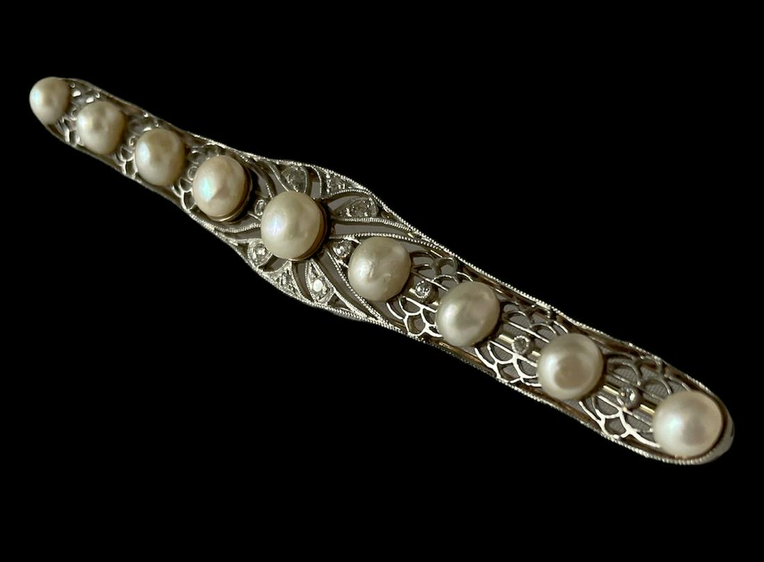 Art Deco 10k White Gold Diamond Pearl Large Bar Pin Brooch (1 of 3)