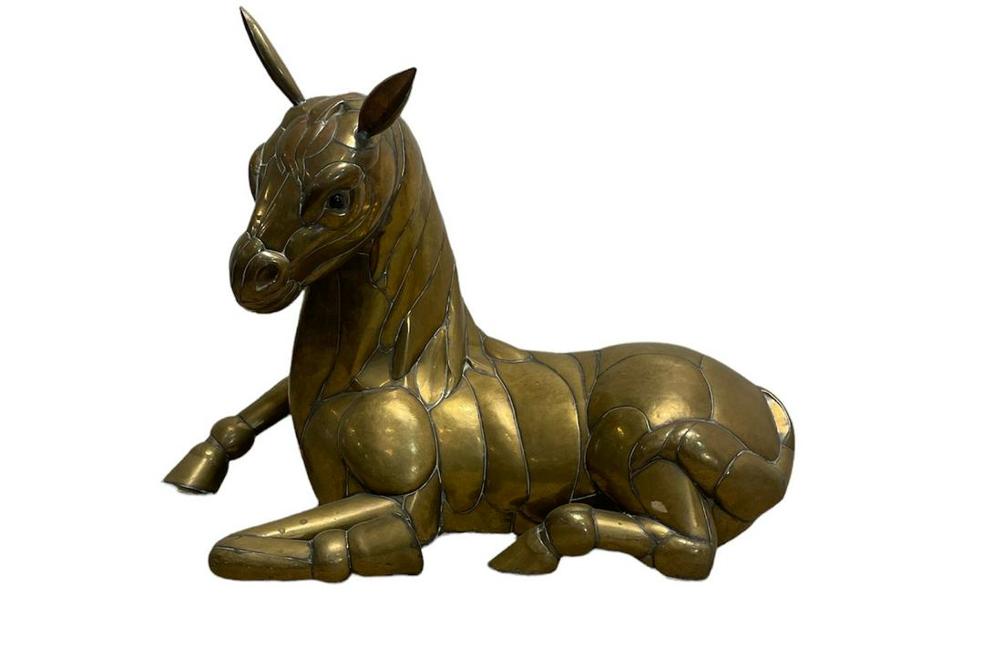 SERGIO BUSTAMANTE Style Brass & Copper Figural Horse Sculpture: 18 1/4in h x 25in w x 14in d ; hollow, not full brass/copper