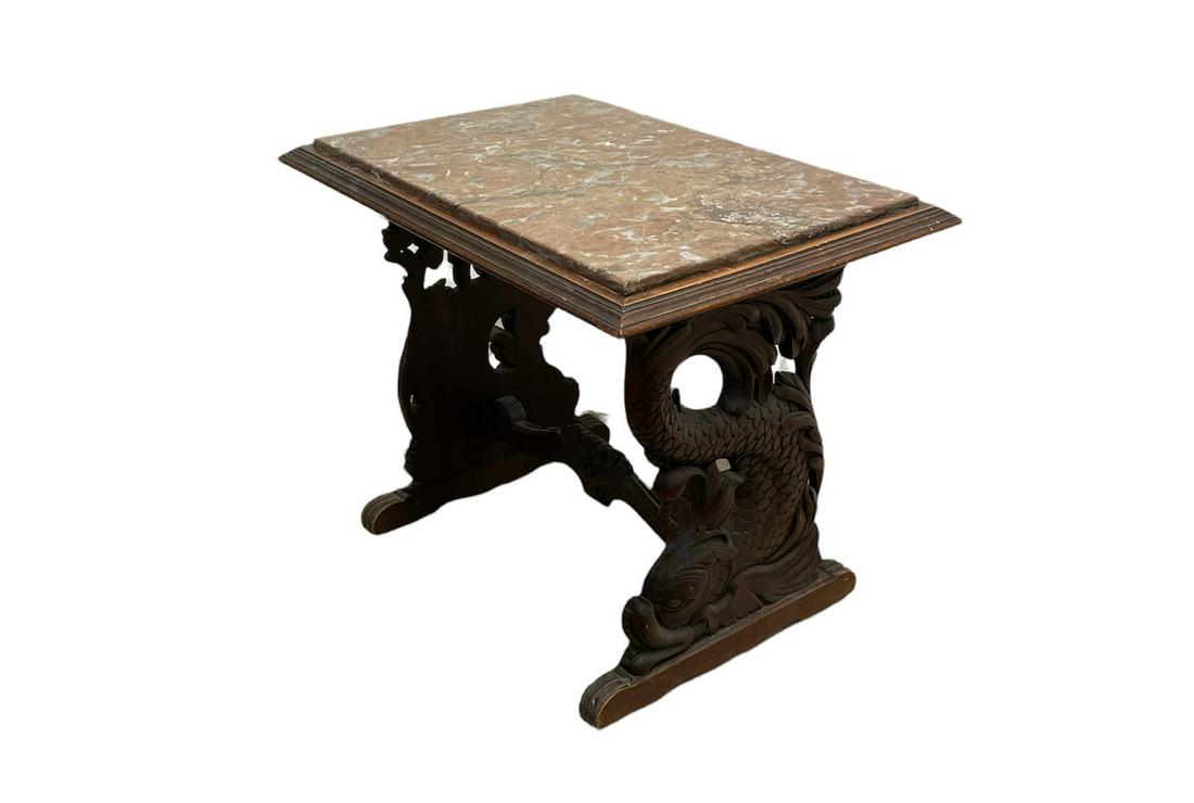 Ornate Oriental Oak and Marble Side Table (1 of 4)