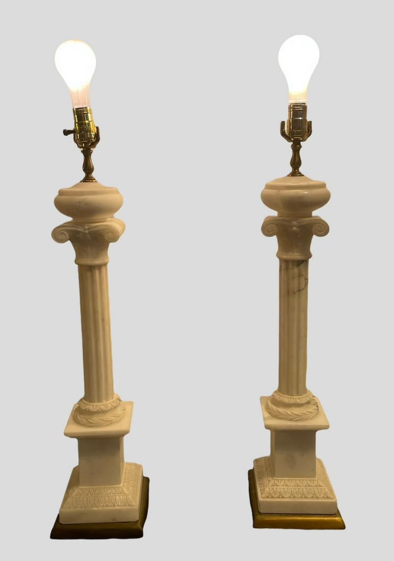 Pair of Matching White Corinthian Alabaster Column Lamps (1 of 7)