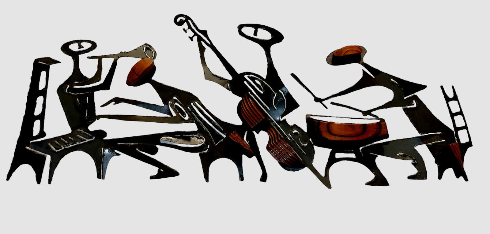 Mid Century WILRONGO Abstract Metal and Wood Wall Hanging of a Jazz Band: 37.5in L x 60.5 H x 3in D