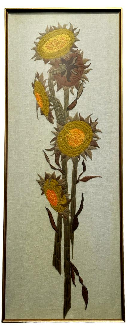 Mid Century Embroidery on Textile of Sunflower Blooms: 18.75in L x 48in H x 1.5in D