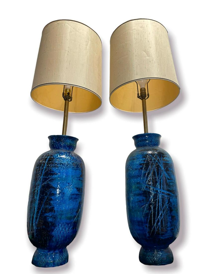 Pair of Mid Century BITOSSI Ceramic Lamps: 10in DIA x 43in H