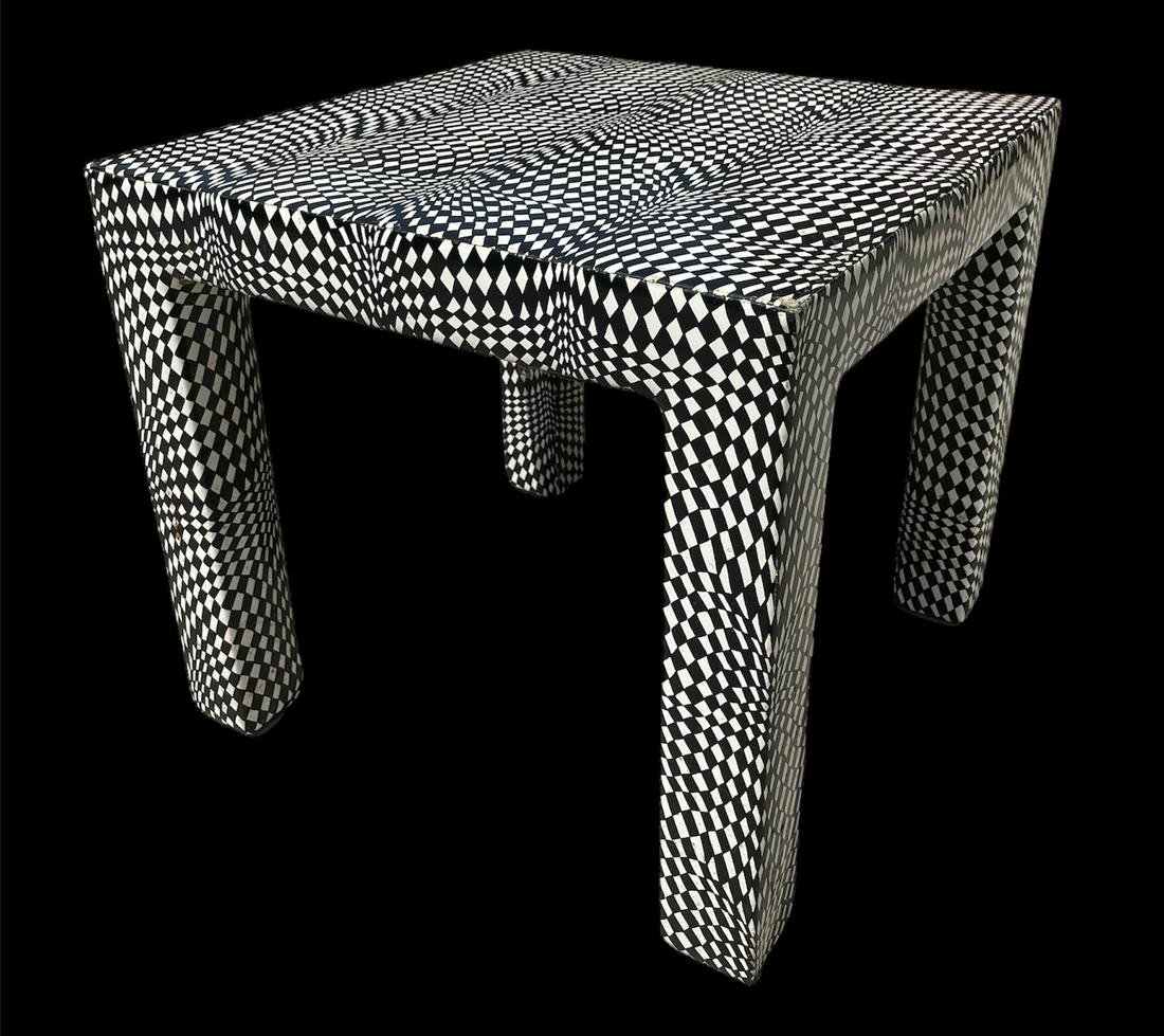 OP Art POP Art Black & White Mid Century Psychedelic Side Table: 18.5 H x 20.25 x 20.25