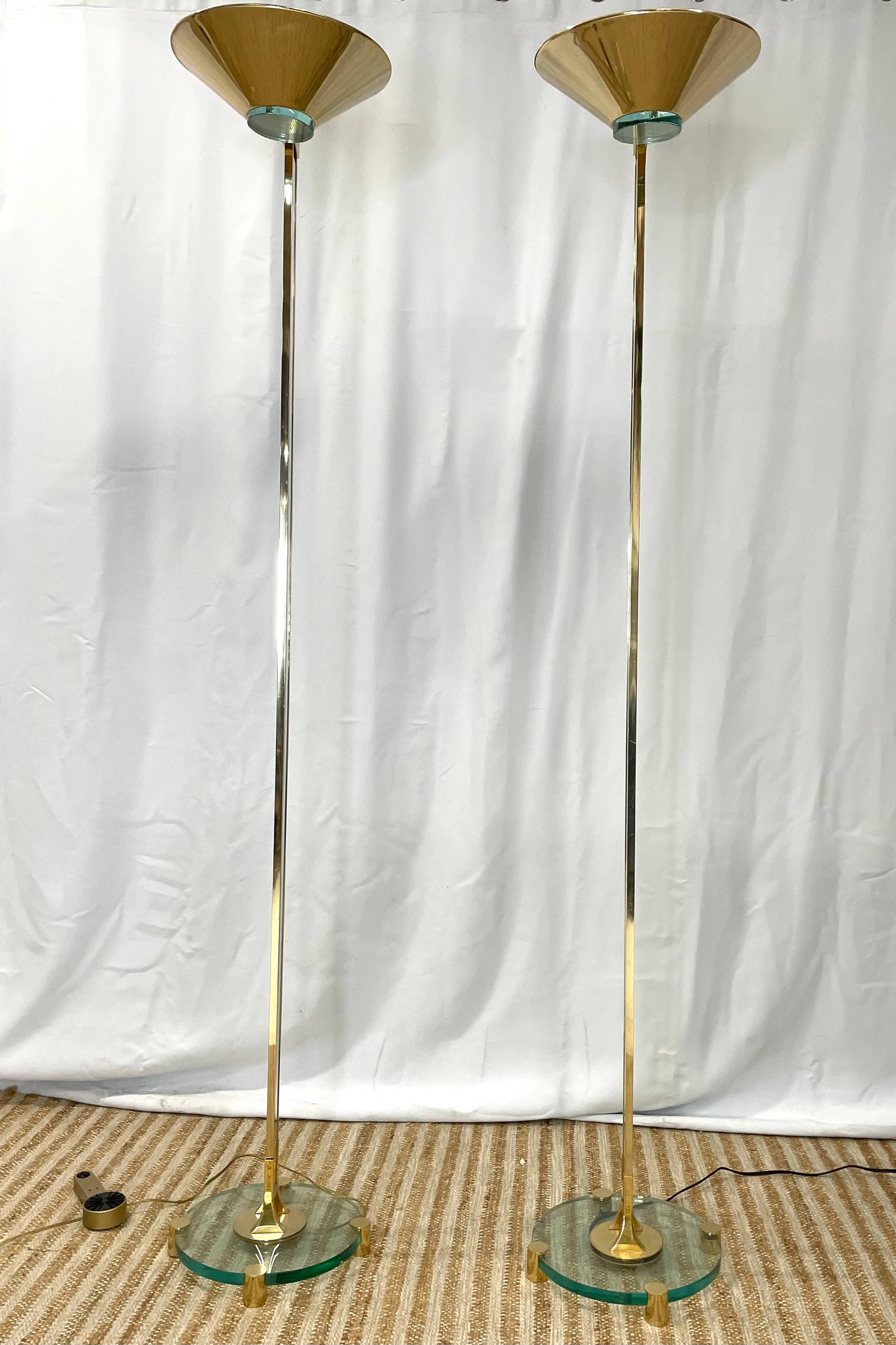 Pair of Post Modern Glass & Brass Tall Lamps: 71in H x 12in diameter at base x 11.5in diameter light fixture