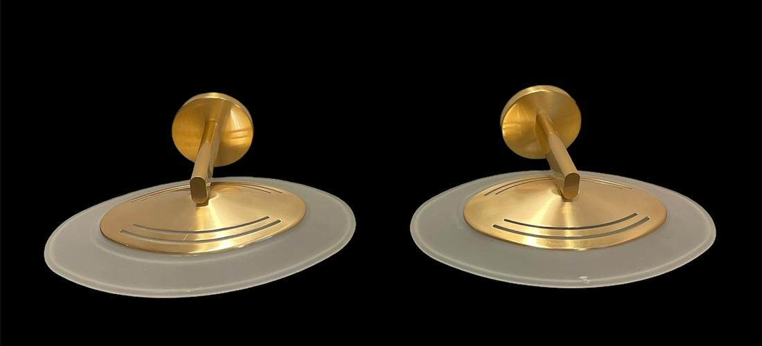 Pair of Mid Century Gold Chrome and Frosted Glass Saucer Lights: 16 in DIA x 11 in D x 5 in L