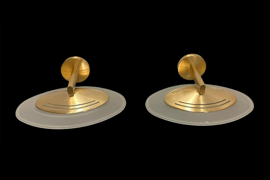 Pair of Mid Century Gold Chrome and Frosted Glass Saucer Lights: 16 in DIA x 11 in D x 5 in L
