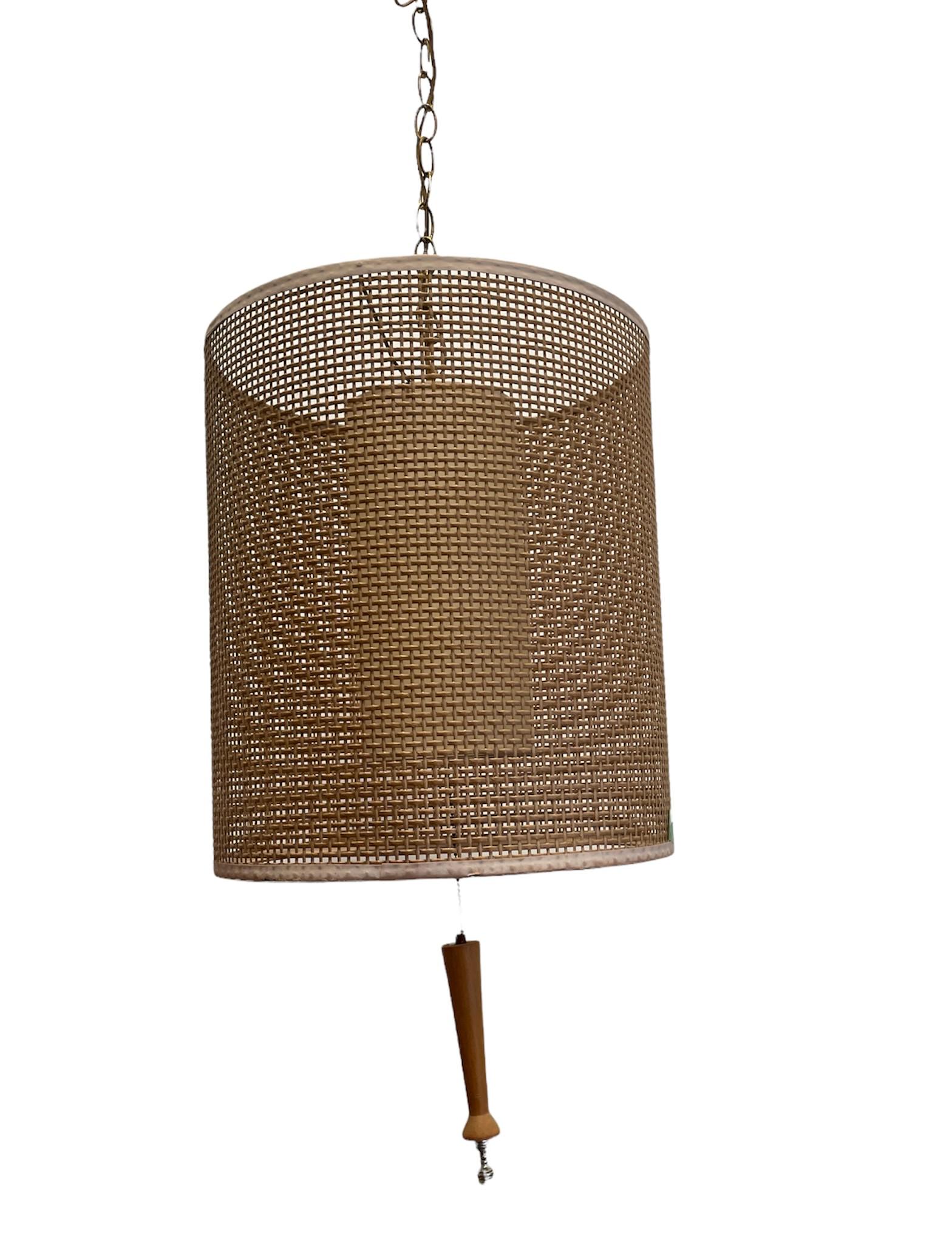 Mid Century Wicker Hanging Pendant Light: Chain measure 248in L, pendant measures 26in L including pull chain, 14.75in DIA