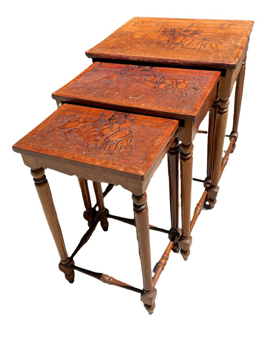 Set of Mid Century Peruvian Hand Tooled Leather Top Nesting Tables: Largest is 17.5in L x 19.75in W x 24in H