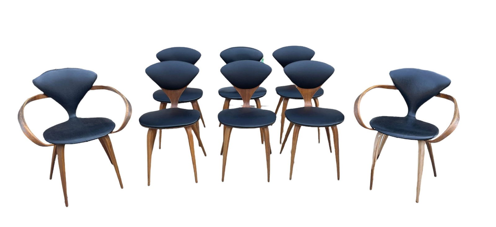 Rare Set of 8 Mid Century NORMAN NCHERNER PLYCRAFT Pretzel Chairs: All of the chairs measure 31.5in H at the back x 18in H at the seat, armchairs measure 26.25in W, the seats measure 17in W.