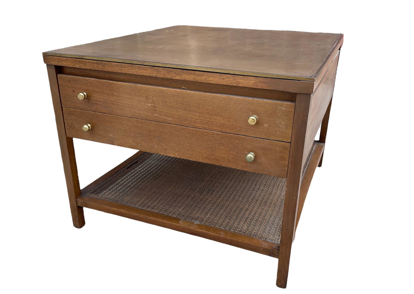 Mid Century PAUL McCOBB for CALVIN Walnut and Cane Leather Top Side Table: 19in H x 24.5in L x 28.25in D