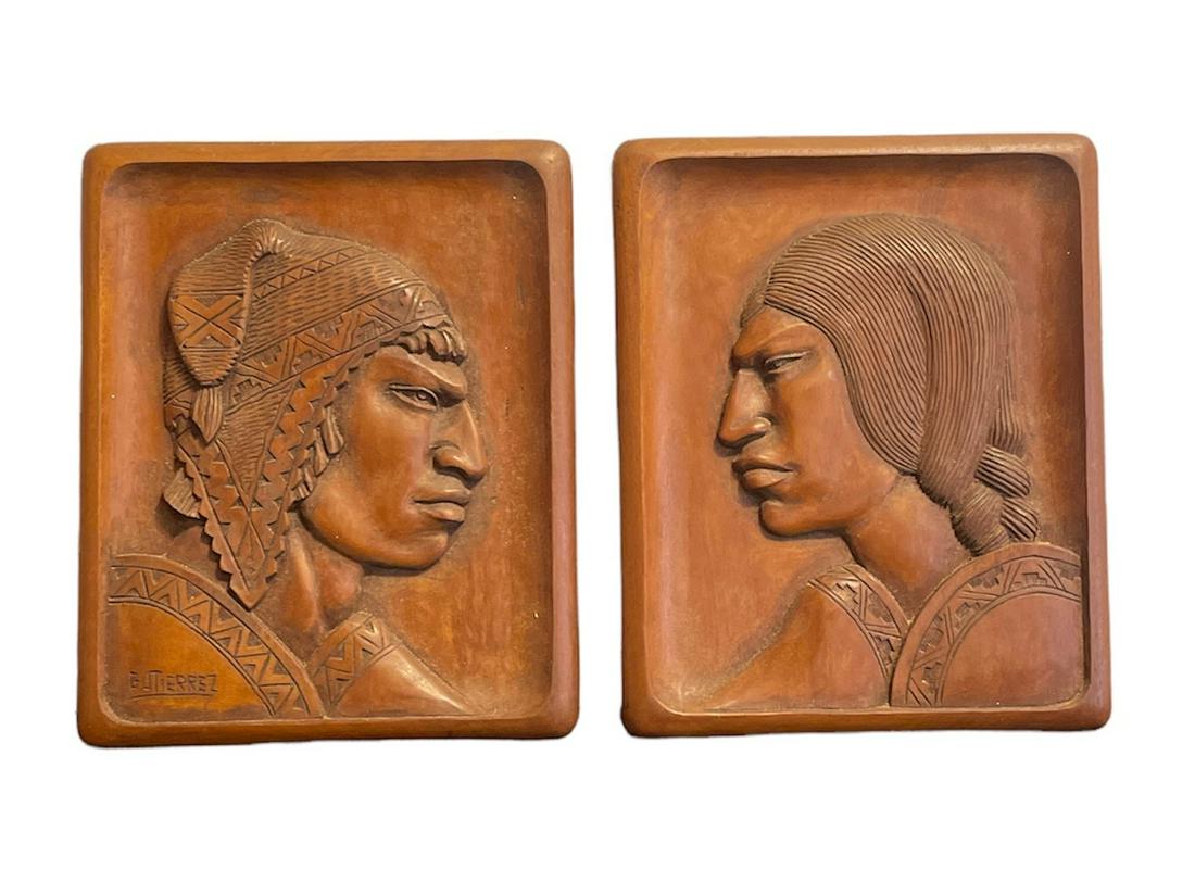 Pair of Small Handmade Native American Wood Carvings sgd. GUITERREZ: Both Measure 9in W x 11in L