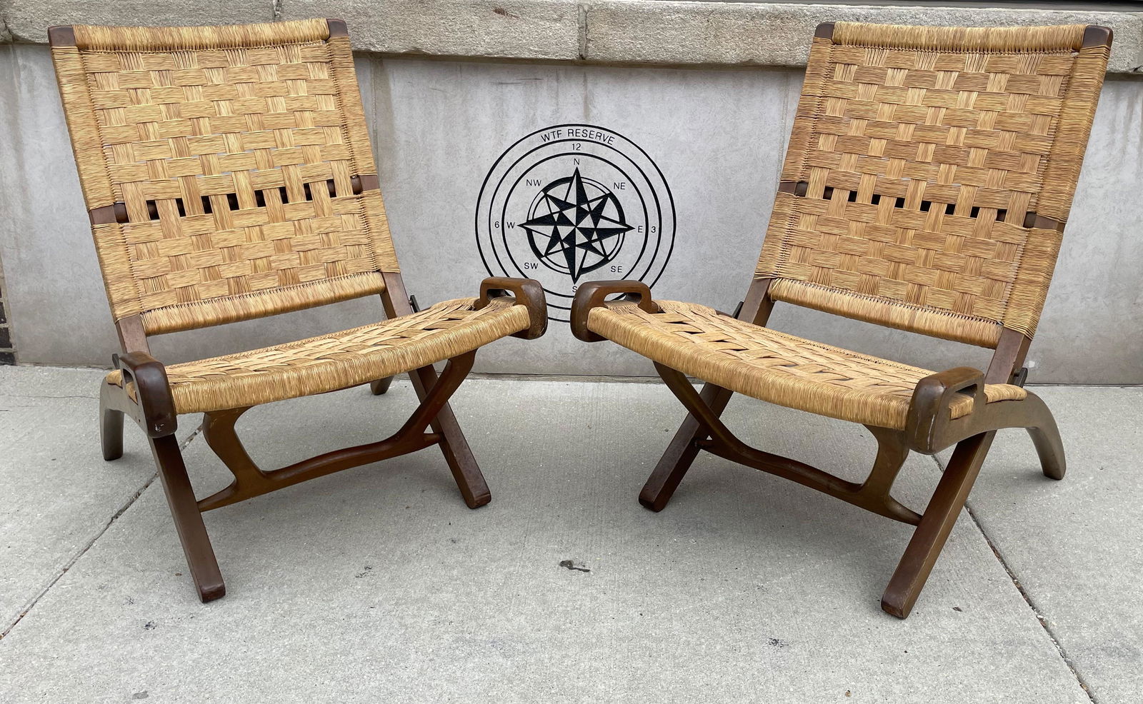 Pr. HANS WEGNER Style Woven Rope Chairs: 32in H to back x 16in H to seat x 30in D x 23in W