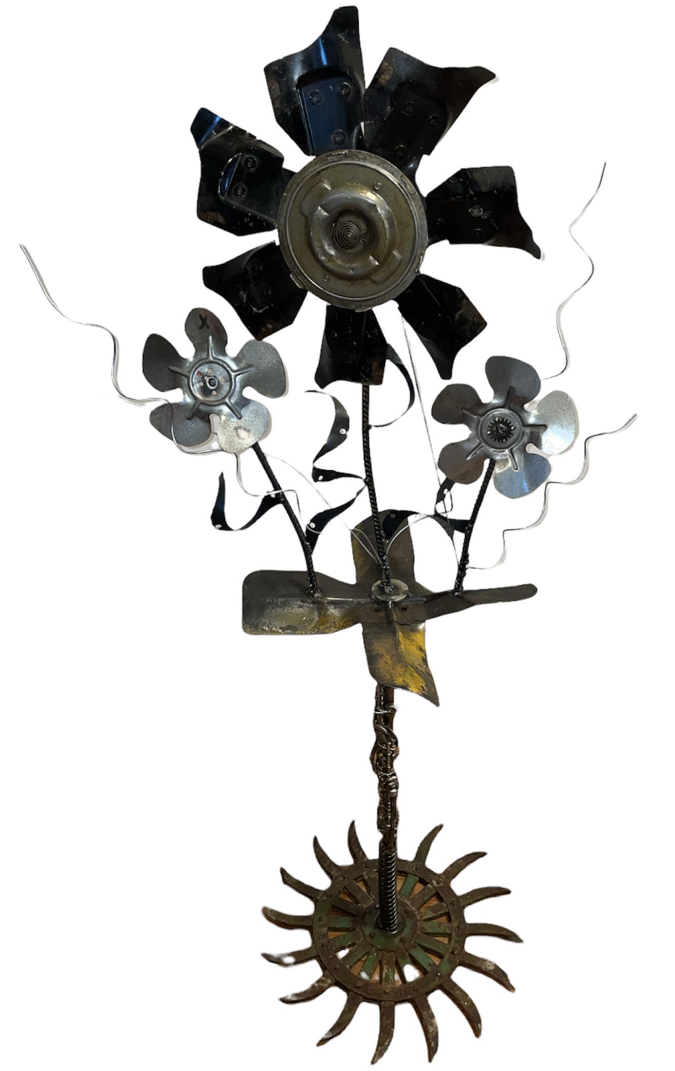 One of a Kind Industrial Folk Art Daisy Statue: 57in H x 27in W, the base measures 19in DIA