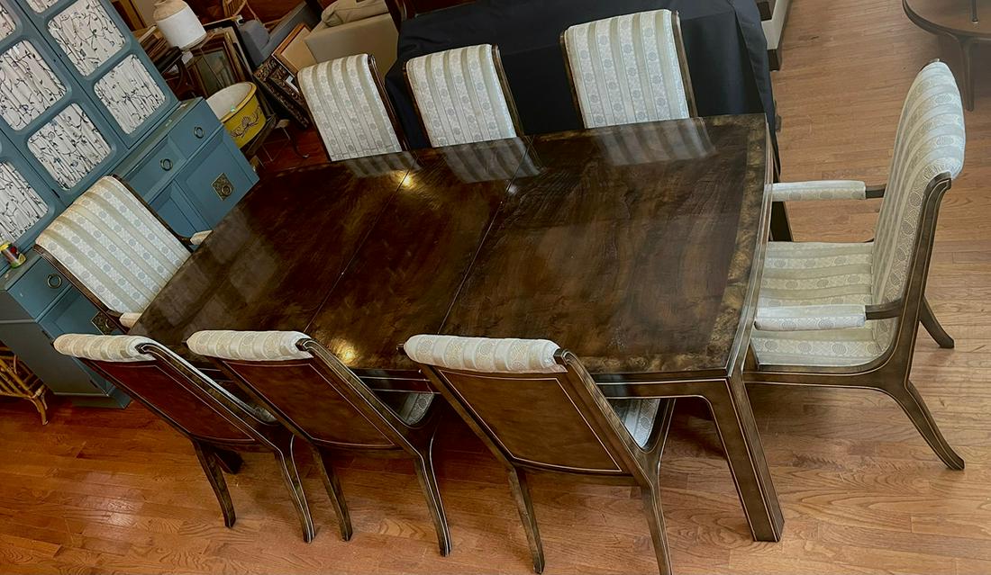 MASTERCRAFT Dark Elm and Brass Inlay Dining Table and Chairs: Comes with two leaves measuring 20in. Total table measures 45in W x 107in L with both leaves. The chairs measure 41in H to the back, 18in H to the seat, 22in W arm to arm, and 20.5in D.