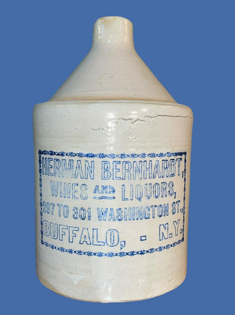 Vintage HERMAN BERNHARDT Stoneware Wine and Liquor Advertising Jug: 9.75in H x 6in DIA