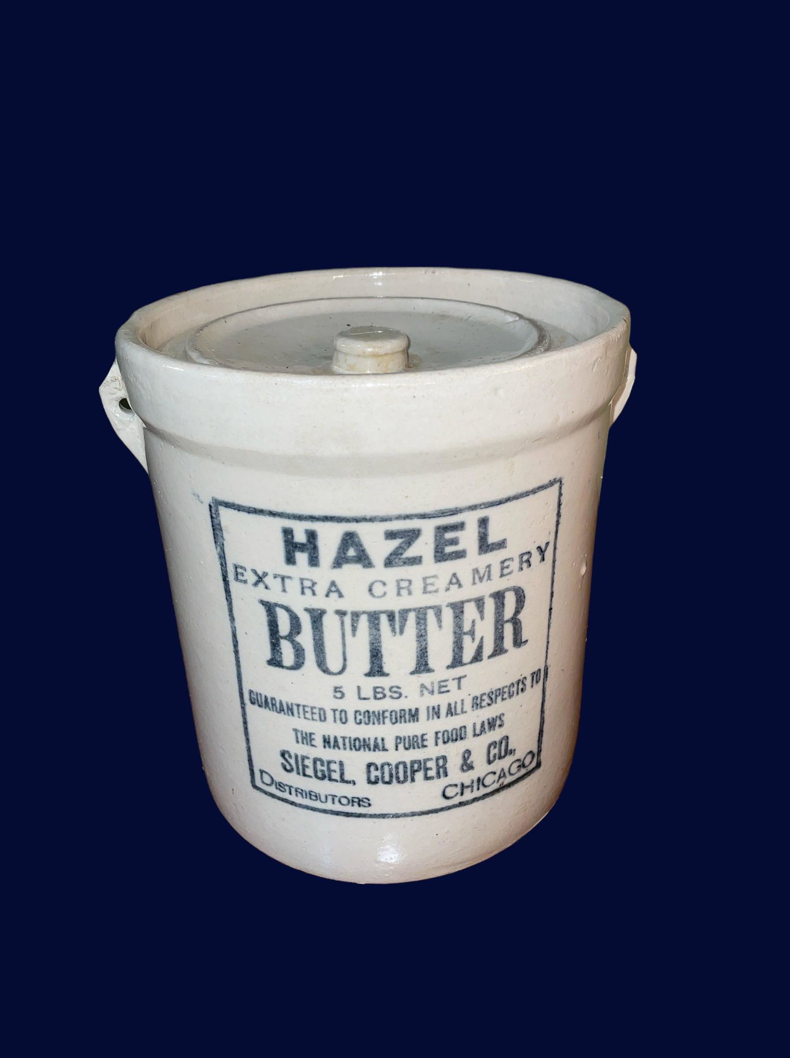SIEGEL COOPER & CO. HAZELS BUTTER Stoneware Advertisement Crock: 7.5in H x 7.5in DIA