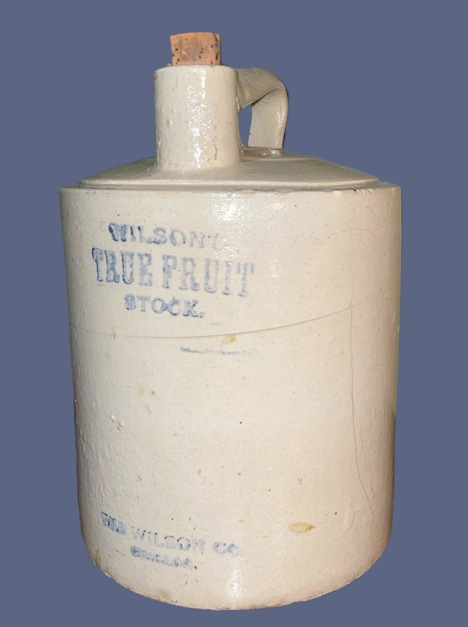 WILSON'S TRUE FRUIT STOCK Advertising Crock Jug Chicago: 11in H x 8in DIA