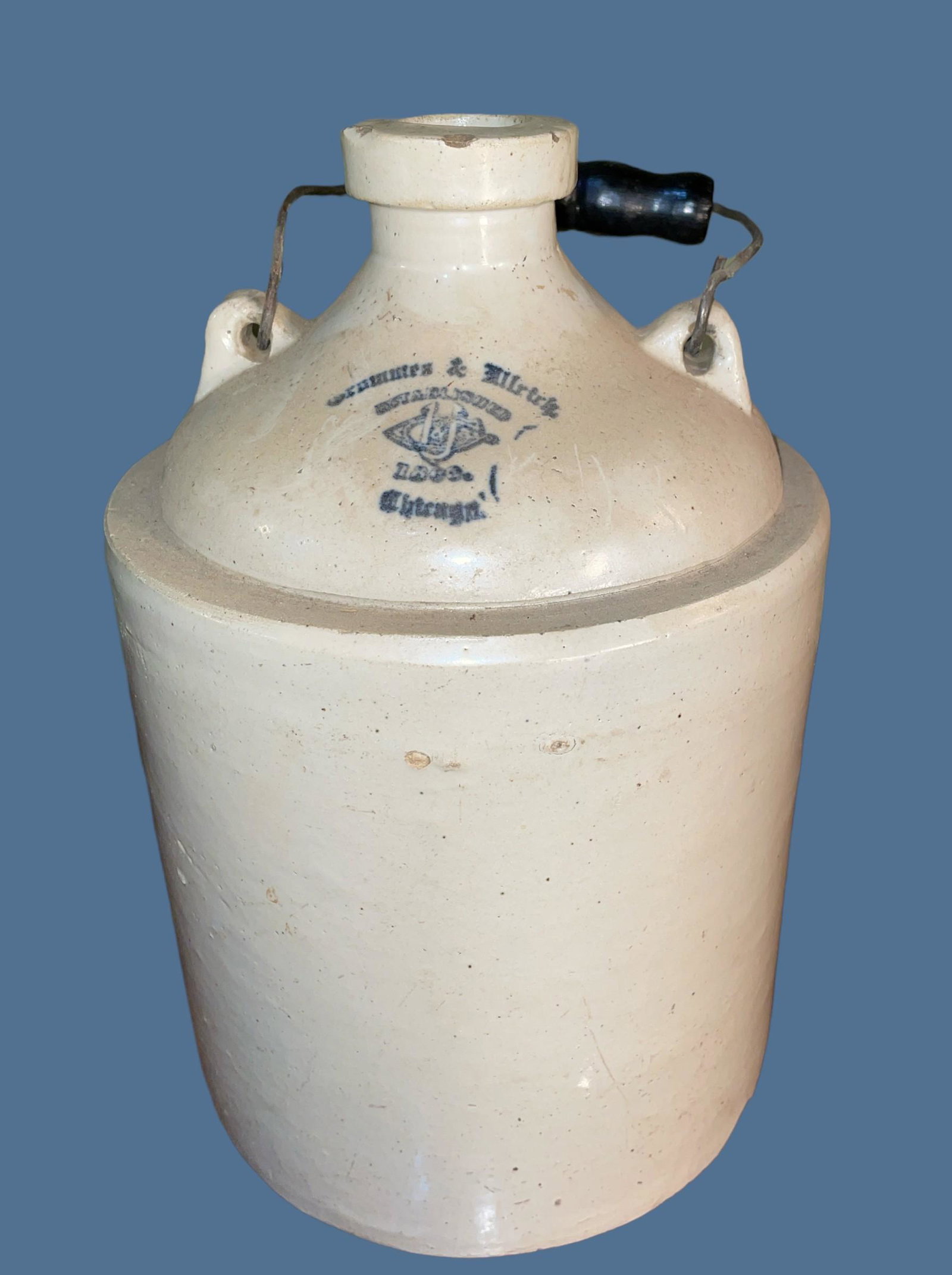 1860's Chicago Advertising Crock Jug G&U: 11in H x 7in DIA