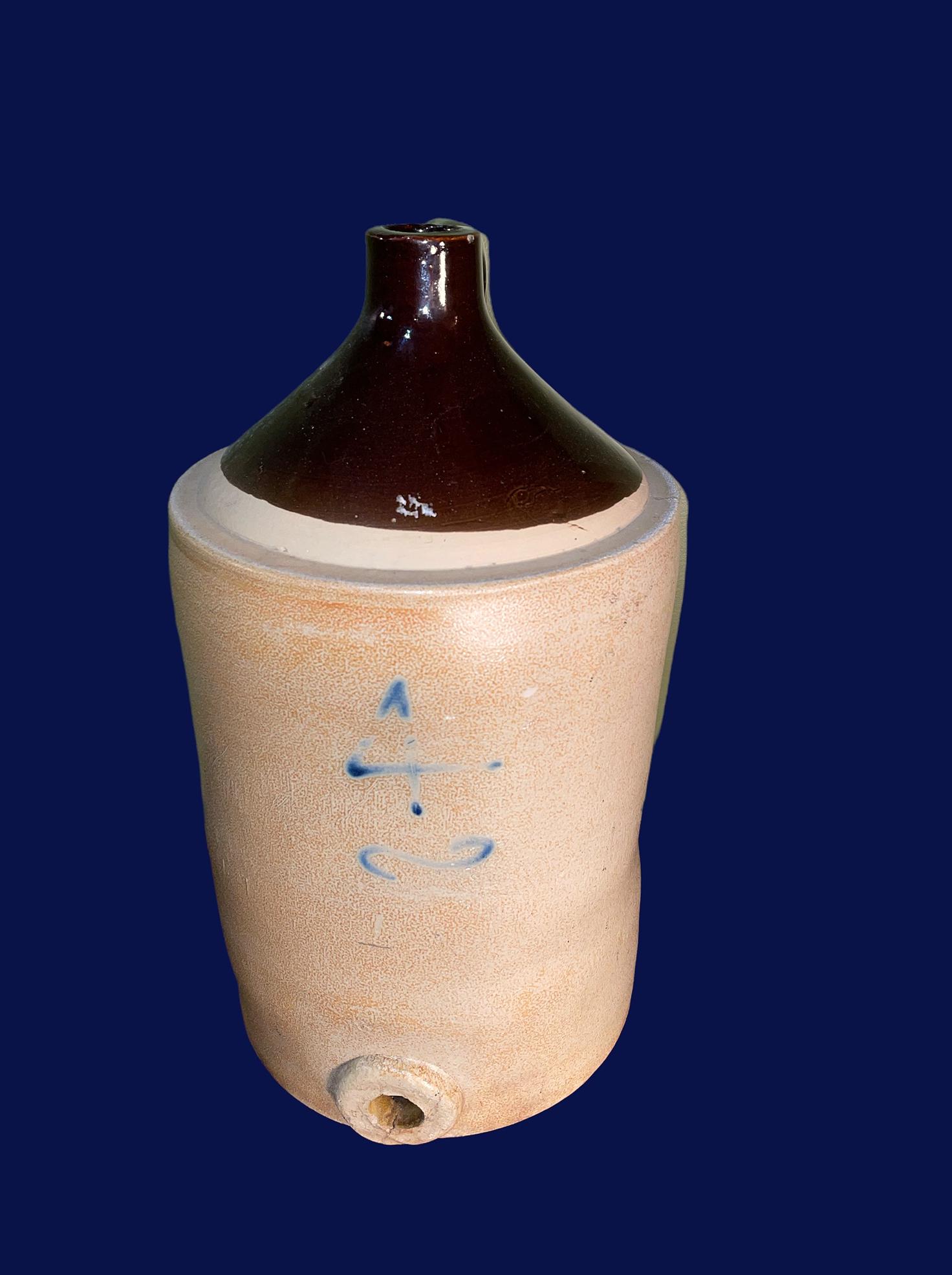 Partial Salt Glaze 4 Gallon Crock Jug w Cobalt & a Spout (1 of 6)