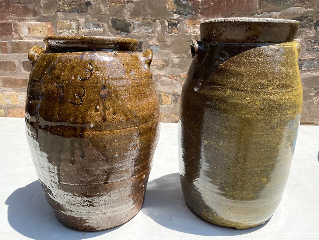 2 Early Alkaline Glazed 3 Gallon Buttrchurn & Crock: churn is 16in H x 9in Dia