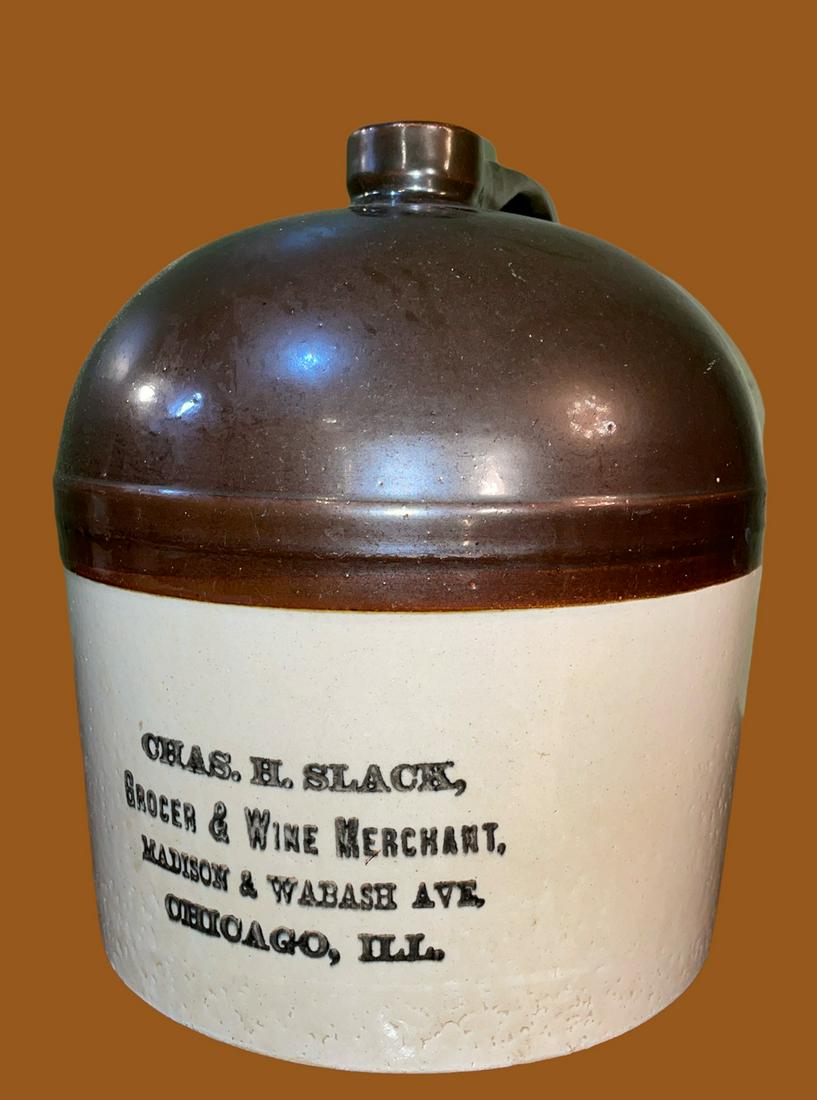 1800's CHAS H SLACK GROCER & WINE Crock Jug CHICAGO IL: 11in H x 10in DIA