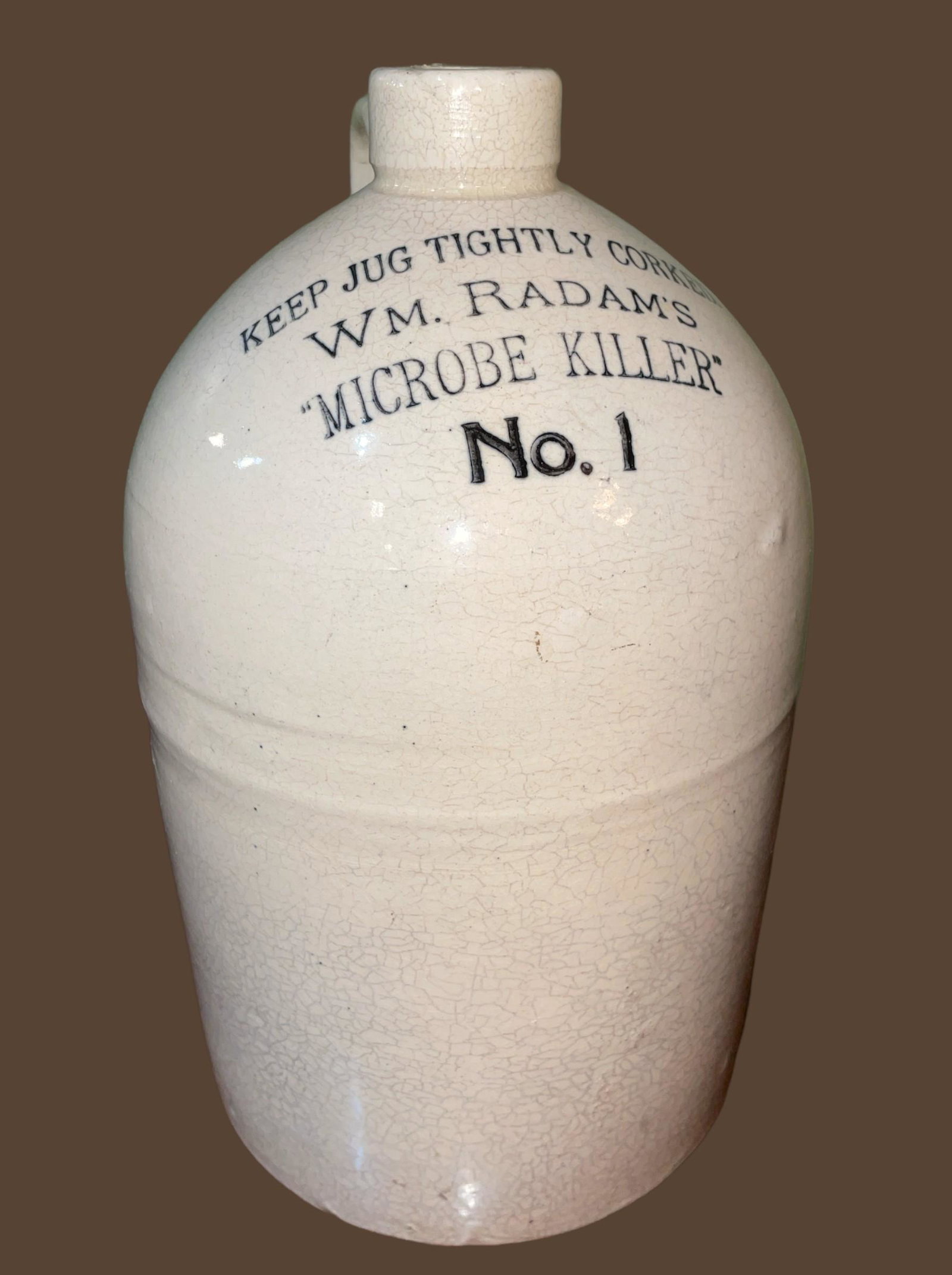 W.M RADAM MICROBE Stoneware Pottery Crock: 11.25in H x 7.75 DIA