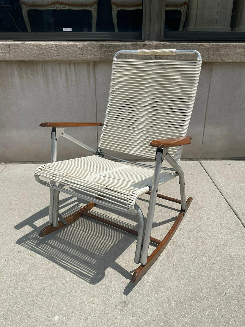 After WALTER LAMB for BROWN JORDAN Mid Century TELESCOPE Rocker #1: 37 in H to back x 18 in H to seat x 24 in L arm to arm x 19.5 D