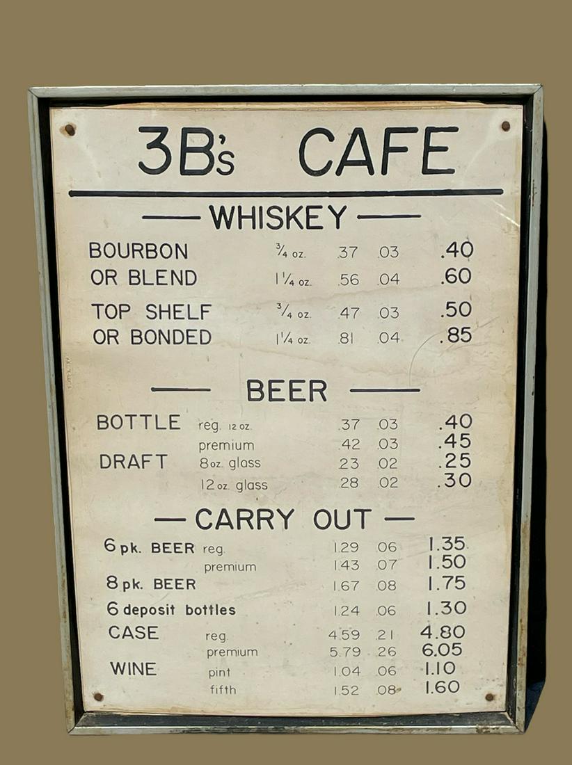 Original Tavern Three Bs Cafe Advertising Menu Whiskey & Beer: 29.5 in H x 21 in W x 1 in D