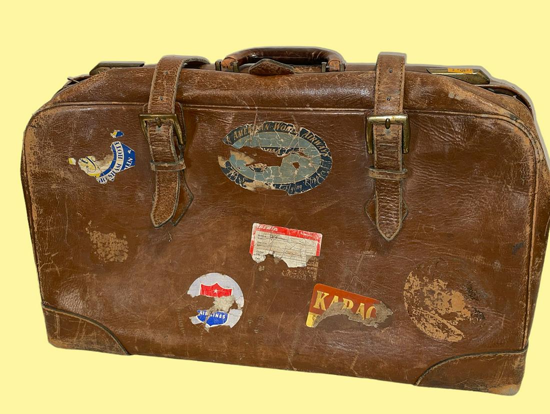 Vintage Leather Suitcase with Travel Stickers (1 of 7)