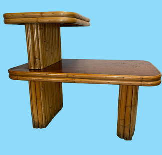 After PAUL FRANKL Vertically Stacked Rattan End Table: 25.5in H x 30.5in D x 19in W