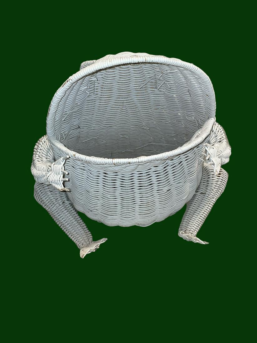 White Wicker Mid Century Frog Vase / Magazine Holder: 17in H x 18in W x 11in D