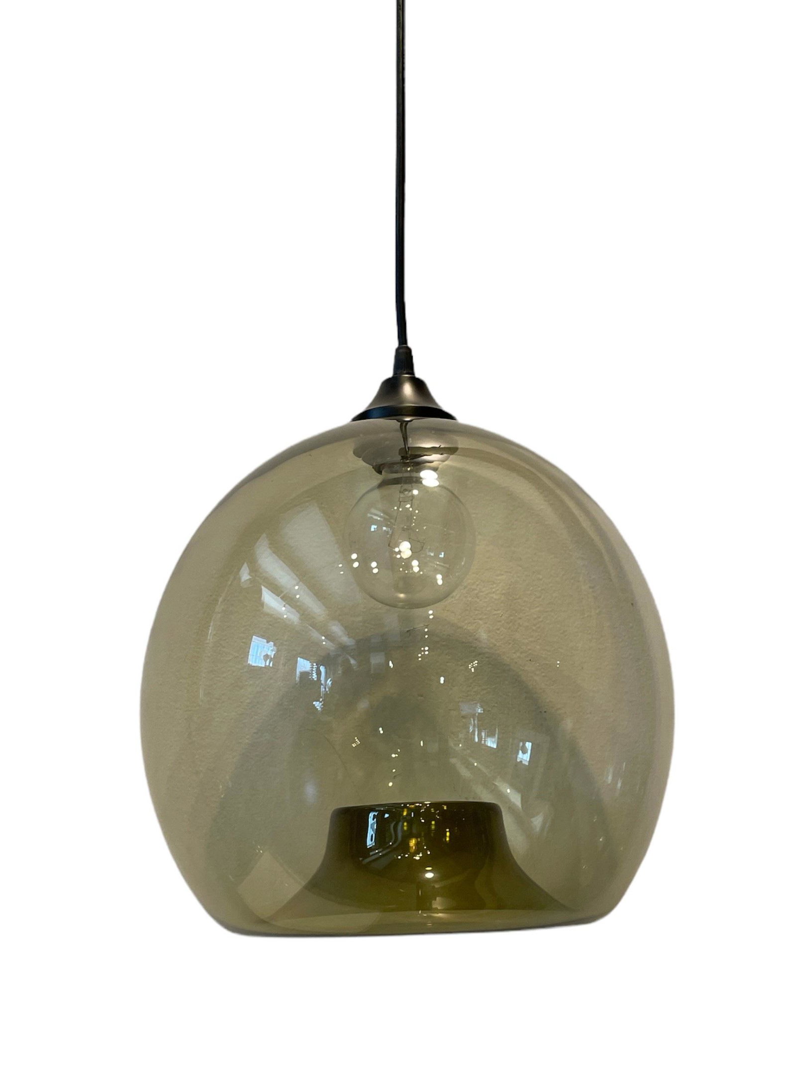 Mid Century Green Handblown Glass Pendant Lamp: Cord measures roughly 140in L, fixture measures 13in H x 11in DIA