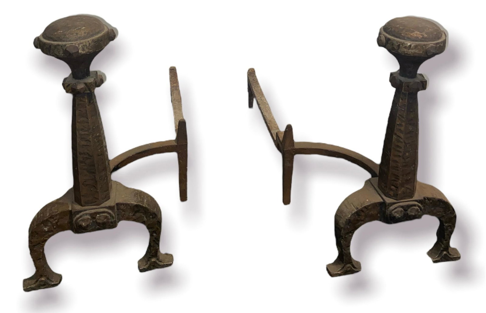 Arts and Crafts Andirons: both measure 18.25in H x 25.25in L x 10in W. hand hammered metal