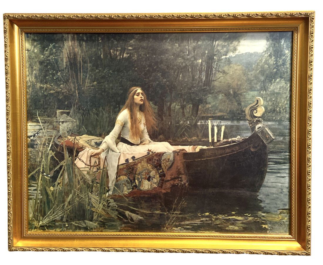 JOHN WILLIAM WATERHOUSE Lady of Shalott Framed Print: measures 26in W x 20.5in H