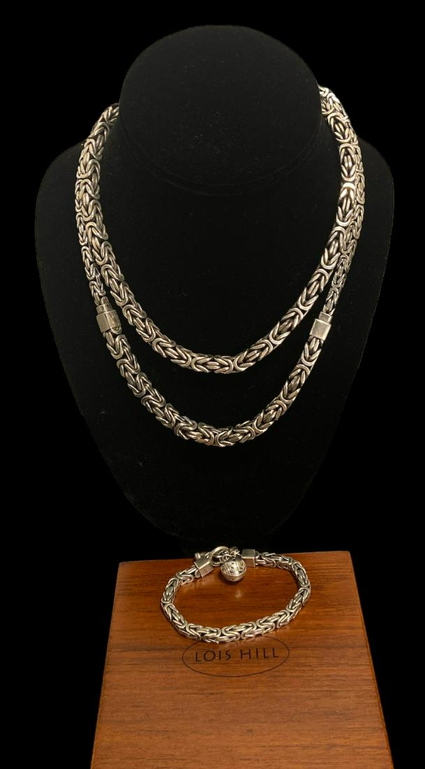 Collection Matching LOIS HILL Sterling Silver Necklaces Bracelet: total weight is 248.5g, bracelet measures 7.25 in long, shorter necklace measures 16.5 in long, longer necklace measures 19.5 in long, original box included