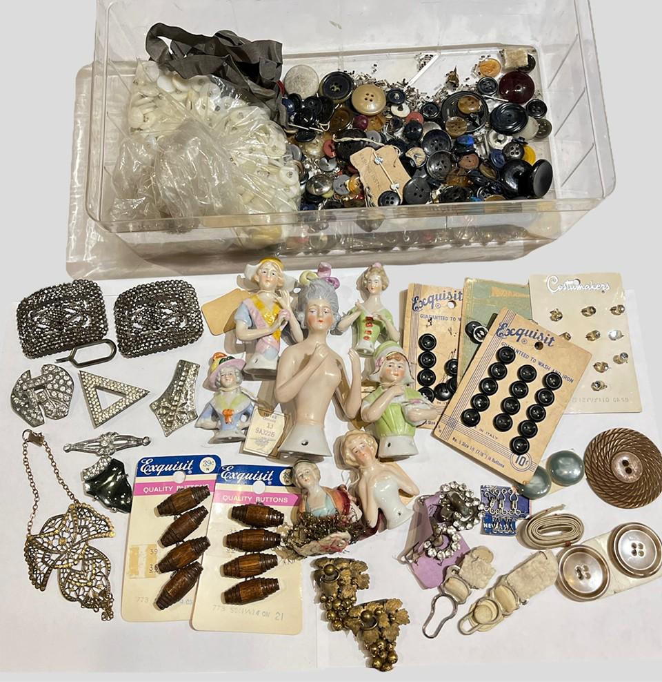 Collection Vintage Sewing Articles, Buttons, Porcelain Pin Cushion Dolls: largest porcelain pin cushion doll measures 5.25in H