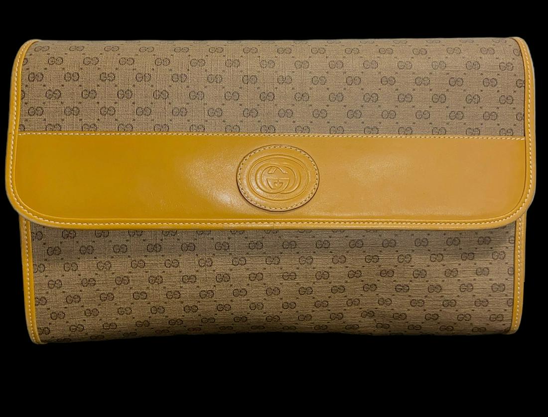 Vintage GUCCI Brown Leather Micro Gg Shoulder Clutch Handbag: 11.5in W x 7.5in L x 2.5in D, 43in-45in total strap length. 004.58.0264